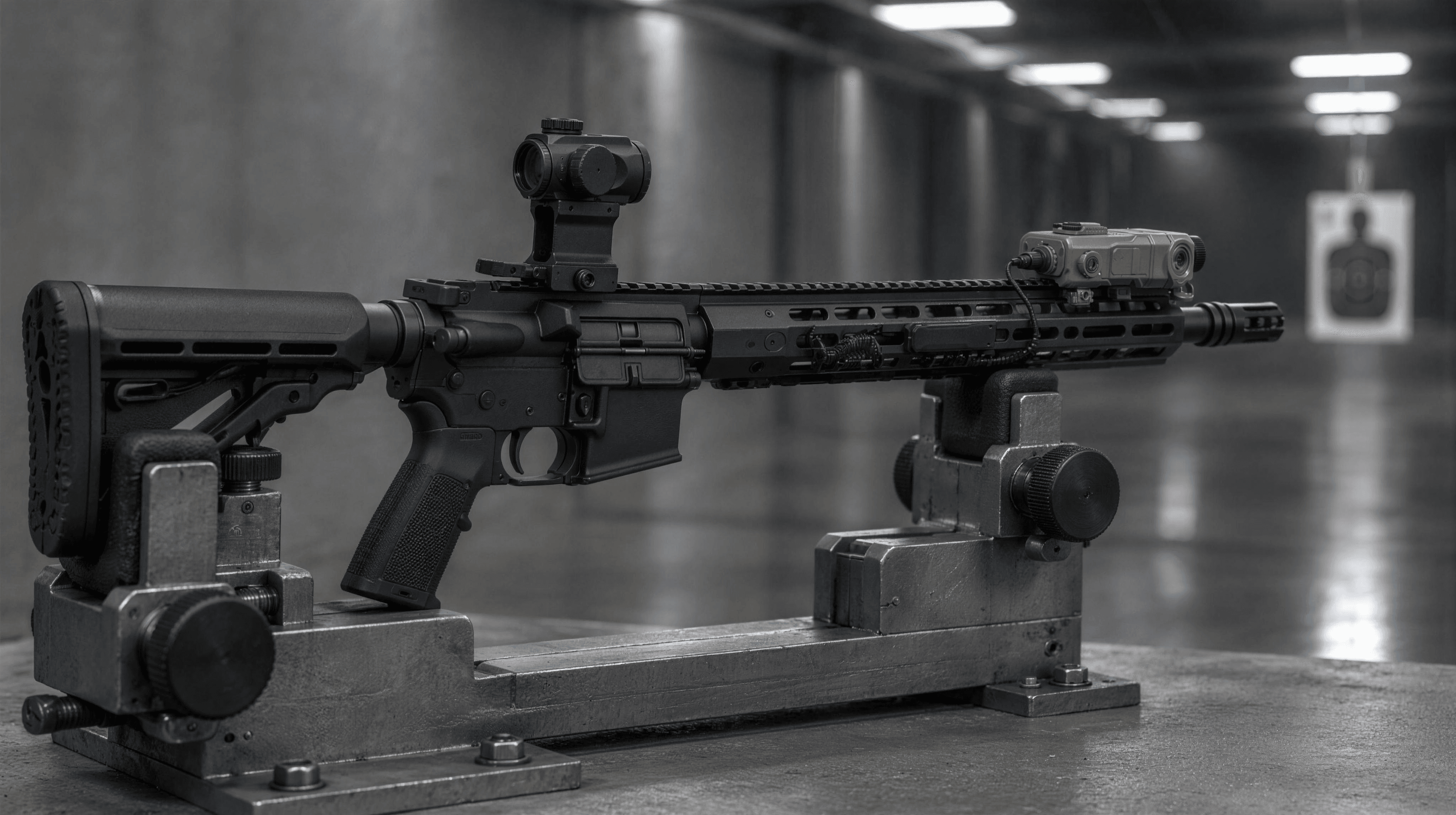 Waffe in Einspannvorrichtung mit Riser und Modul
